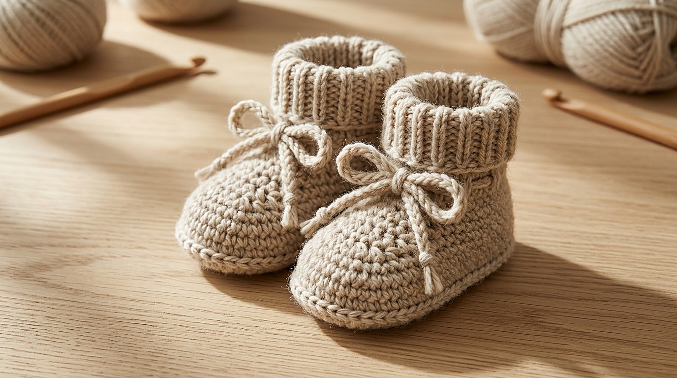 Gehäkelte Babyschuhe aus extrafeiner Merinowolle in Hafer-Sandbeige