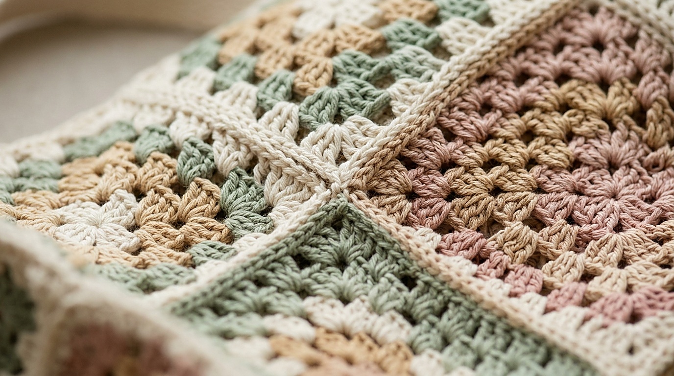Granny Square Tasche häkeln: Nahaufnahme der Maschenstruktur und Eckenverbindungen