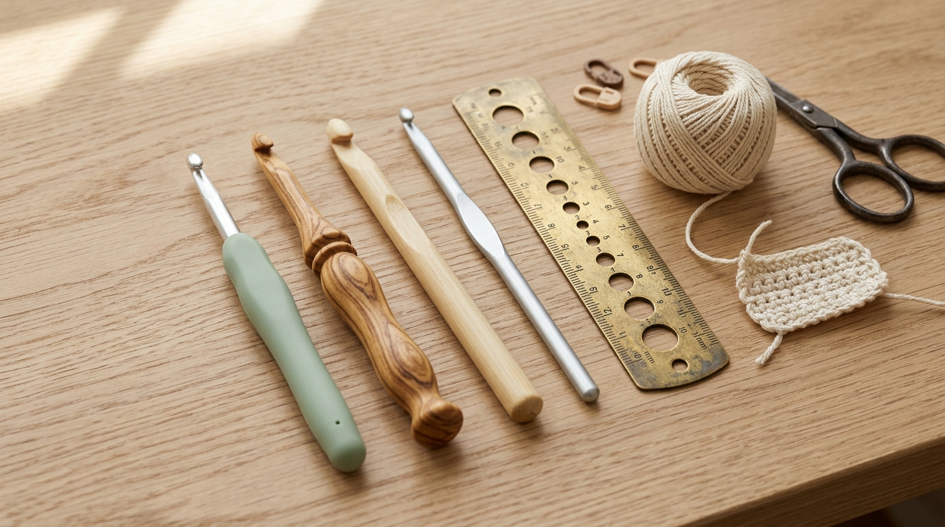 Auswahl ergonomischer Häkelnadeln aus Holz, Bambus und Aluminium mit Nadelmaß auf Atelier-Werktisch
